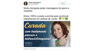 Zambelli apaga post em que dizia estar curada da Covid após uso de cloroquina