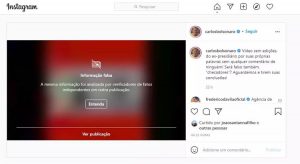 Carlos Bolsonaro tem posts sinalizados como falsos no Instagram e reclama