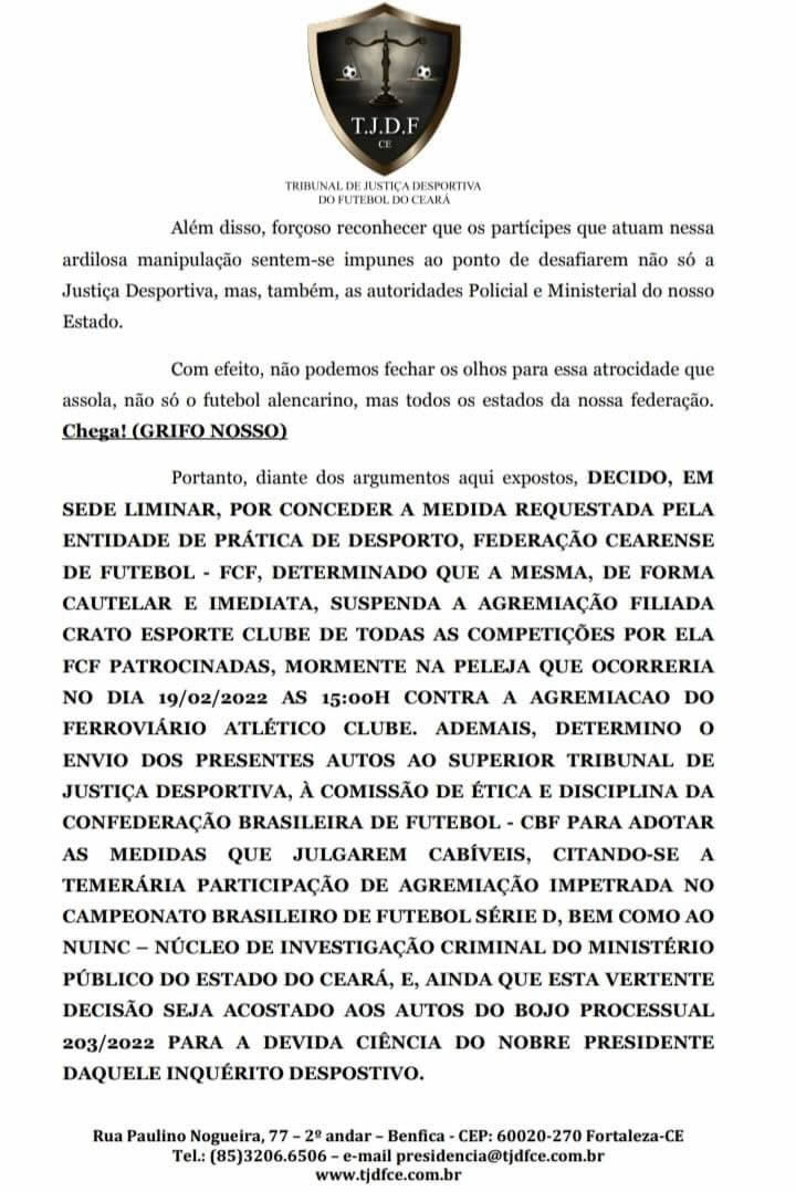 TJDF-CE suspende o Crato do Campeonato Cearense