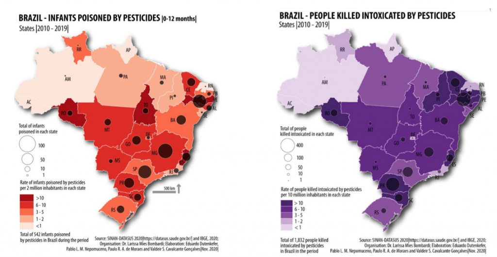 1º mapa Brasil - Crianças envenenadas por pesticidas (0-12 meses), entre 2010 e 2019 | 2º mapa Brasil - Pessoas mortas de intoxicação por pesticidas entre 2010 e 2019