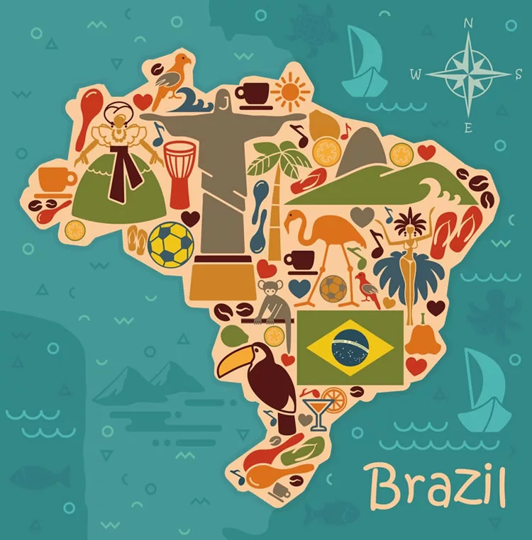 Foto do mapa do Brasil com elementos culturais